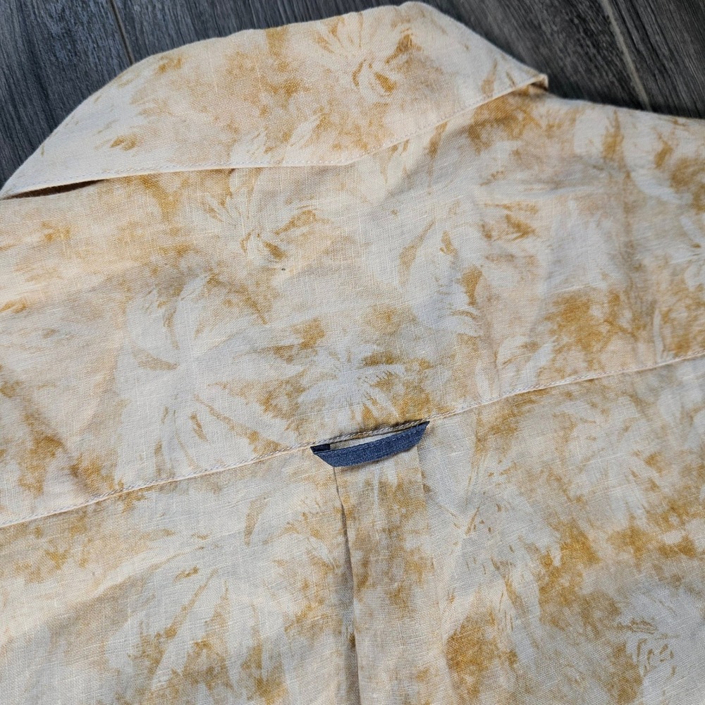 32 Bar Blues Mens Short Sleeve Linen Palm Print Button Down Shirt Tan Cream L - Picture 3 of 10